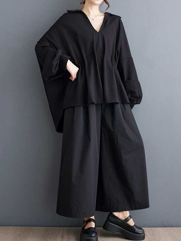 Pleated Solid Color Batwing Sleeves High-Low V-Neck Blouses&Shirts Tops