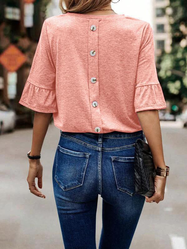 Asymmetric Buttoned Solid Color Split-Joint Ruffle Sleeves Round-Neck T-Shirts Tops