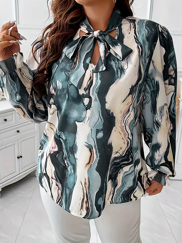 Elasticity Printed Tied Flared Sleeves Long Sleeves V-Neck T-Shirts Tops
