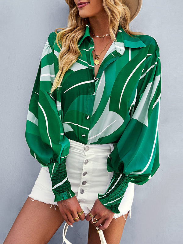 Buttoned Elasticity Printed Long Sleeves Loose Lapel Blouses&Shirts Tops