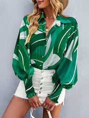 Buttoned Elasticity Printed Long Sleeves Loose Lapel Blouses&Shirts Tops