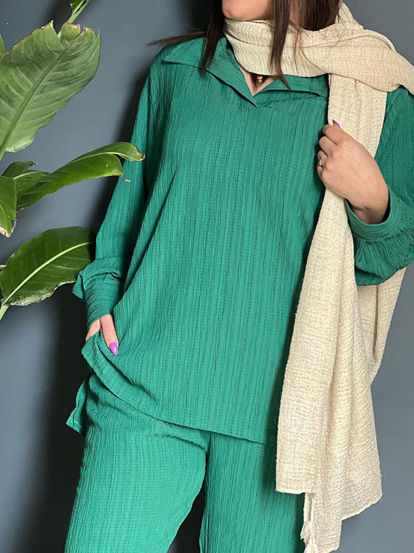 Lapel Pleated Solid Color High-Low Long Sleeves Split-Side Shirts Top + Pants Bottom Two Pieces Set