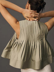 Pleated Solid Color Split-Joint Zipper Loose Sleeveless Round-neck Vest Top