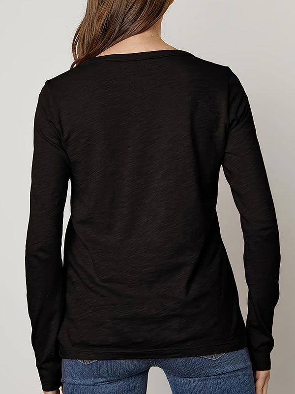 Buttoned Leopard Split-Joint Long Sleeves Loose V-Neck T-Shirts Tops