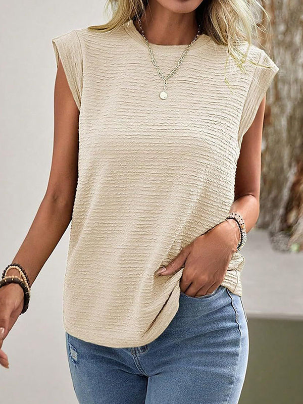 Pleated Solid Color Split-Joint Loose Short Sleeves Round-neck T-shirts
