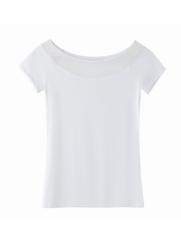 Gauze See-Through Split-Joint Short Sleeves Skinny Boat Neck T-Shirts