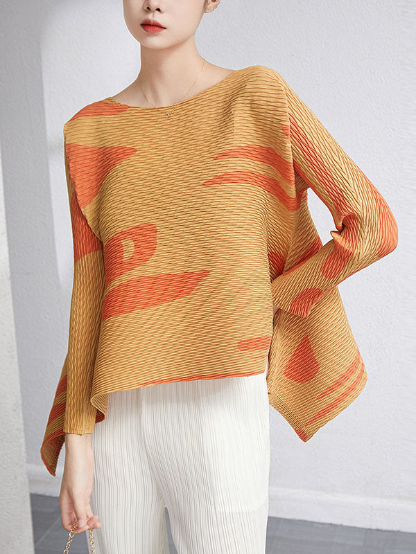 Casual Irregularity Loose Printed Pleated Round-Neck T-Shirts Tops