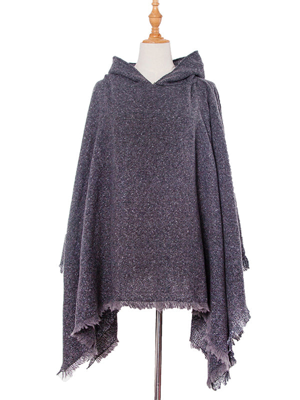 Fringed Hooded Keep Warm Solid Color Shawl&Cloak Cape