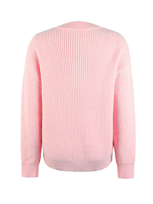 Casual Long Sleeves Solid Color Round-Neck Sweater Tops