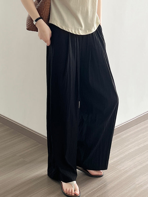 Elasticity Pleated Solid Color High Waisted Wide Leg Trousers Casual Pants Bottoms
