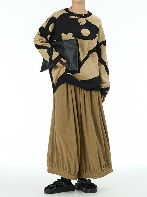 Contrast Color Velvet Long Sleeves Loose Round-Neck Sweater Tops Pullovers