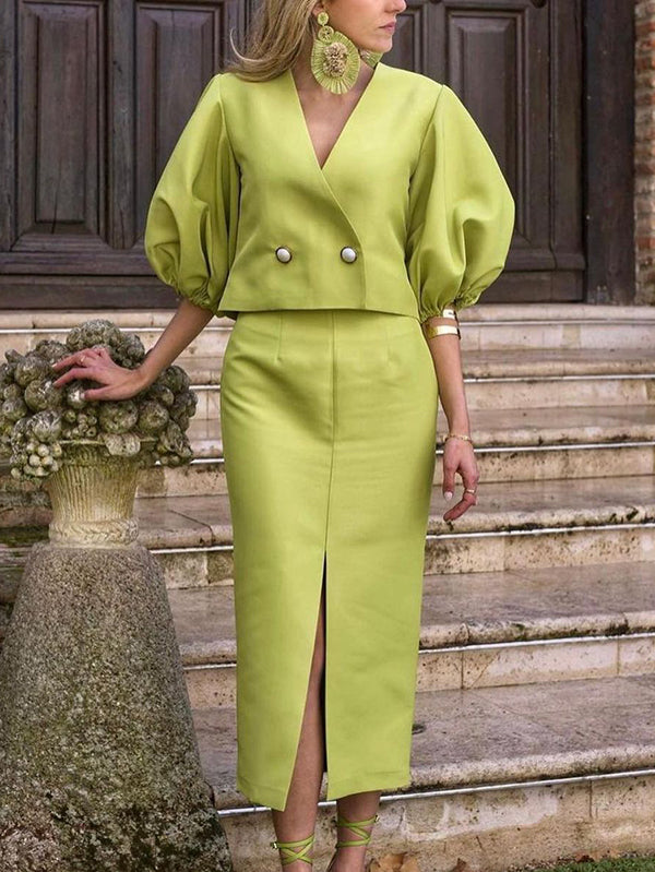 Buttoned Elasticity Solid Color Split-Joint Half Sleeves Loose V-Neck Blouses&Shirts Tops
