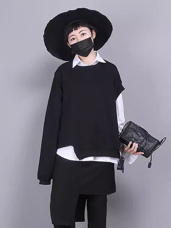 Loose Long Sleeves Asymmetric Buttoned Lapel Inner Shirts + Outer Sweatshirt Two Pieces Set