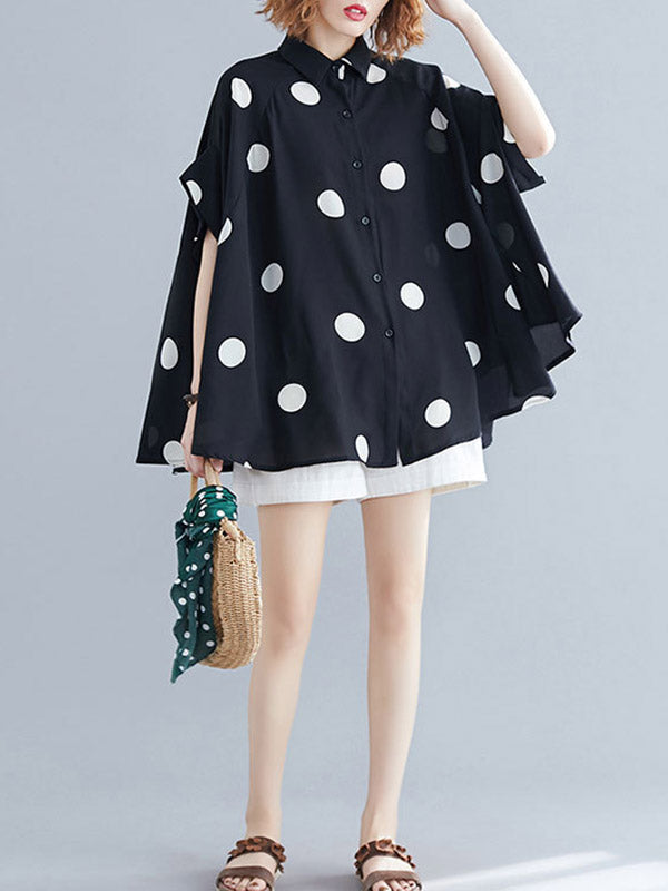 Buttoned Polka-Dot Batwing Sleeves Half Sleeves Lapel Blouses&Shirts Tops
