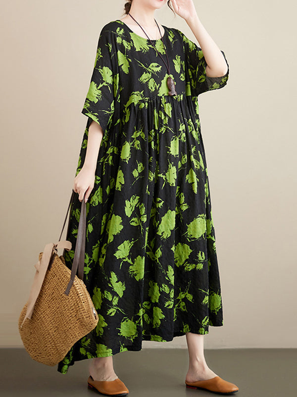 Floral Pleated Loose Round-neck Midi Dresses