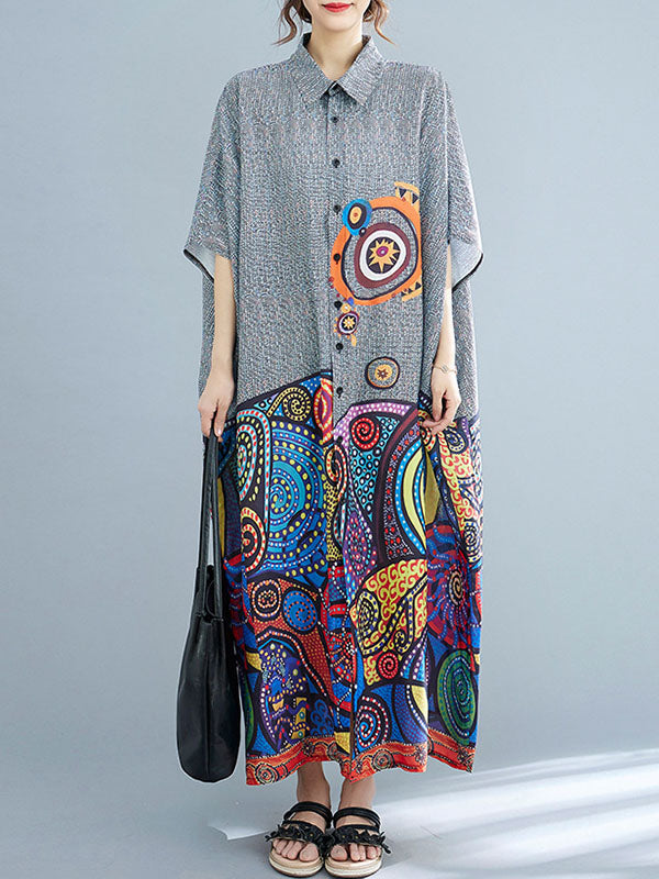 Printed Batwing Sleeves Loose Lapel Midi Dresses