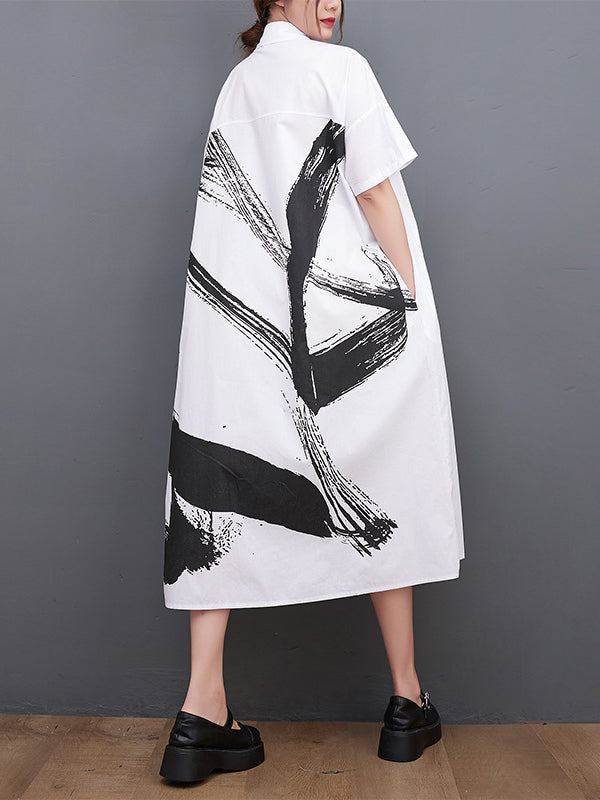 Original Loose Short Sleeves Buttoned Contrast Color Printed Midi Dresses