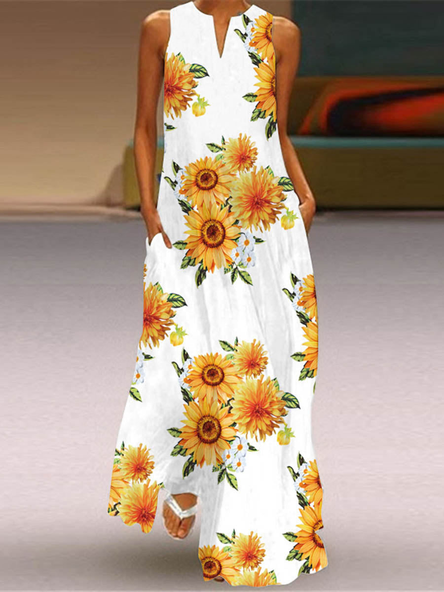 Contrast Color Pockets Printed Split-Joint A-Line Loose V-Neck Maxi Dresses