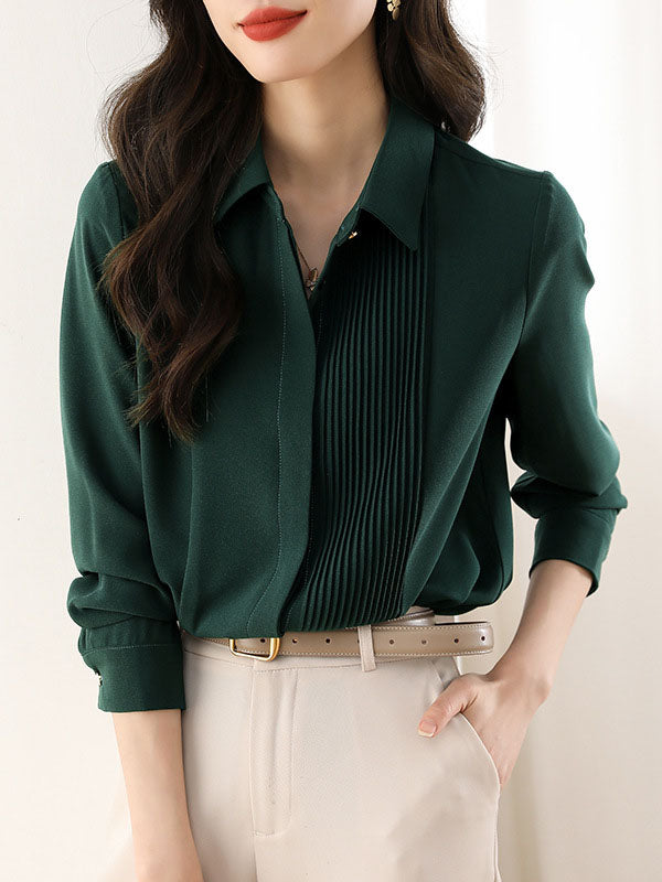 Buttoned Pleated Solid Color Long Sleeves Loose Lapel Blouses&Shirts Tops