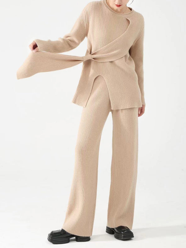 Loose Asymmetric Solid Color Long Sleeves Split-Front Round-Neck Sweater Top + Pants Bottom Two Pieces Set