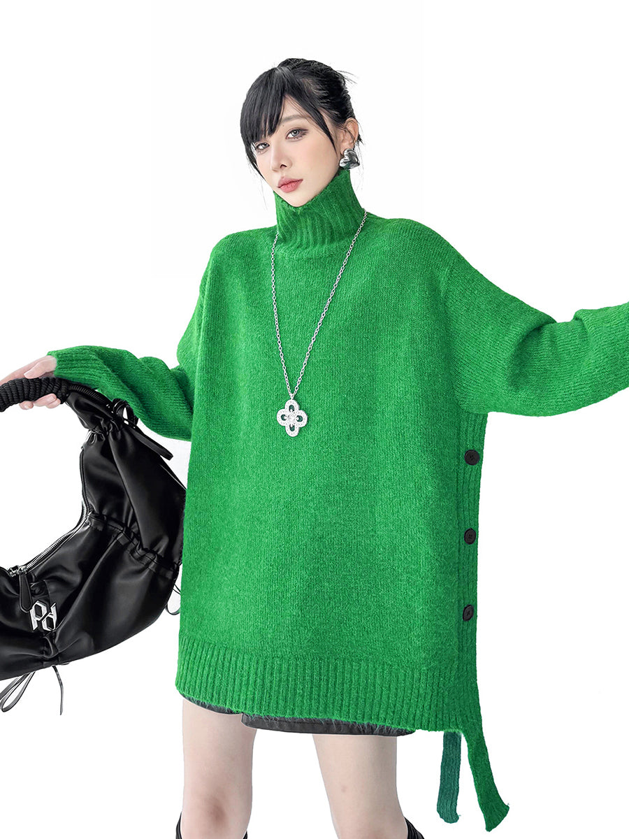 Buttoned Ribs Solid Color Split-Joint Irregularity Long Sleeves High Neck Sweater Tops