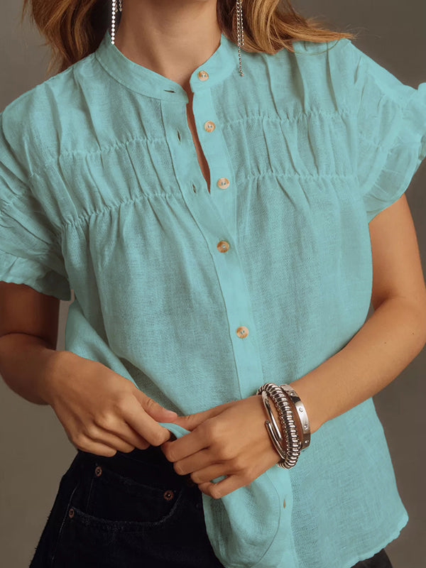 Pleated Ruffled See-Through Split-Joint Loose Short Sleeves Round-neck Blouses&shirts Tops
