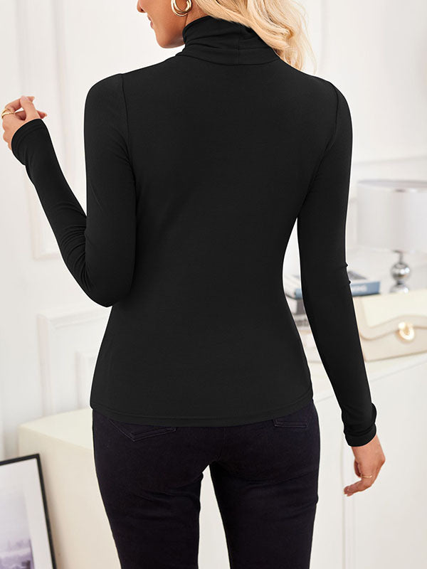 Solid Color Split-Joint Long Sleeves Skinny High Neck T-Shirts