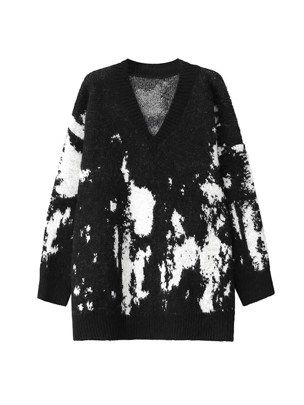 Abstract Printed Contrast Color Ribs Split-Joint Long Sleeves Loose V-Neck Sweater Tops