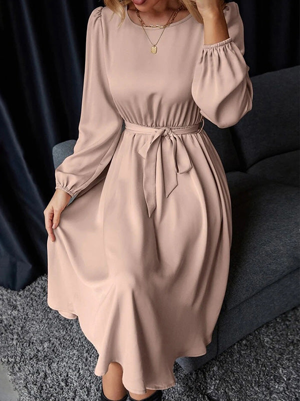 Elasticity Pleated Solid Color Split-Joint Tied Waist Loose Puff Sleeves Round-neck Midi Dresses