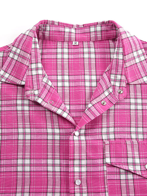 Buttoned Plaid Pockets Long Sleeves Loose Lapel Blouses&Shirts Tops