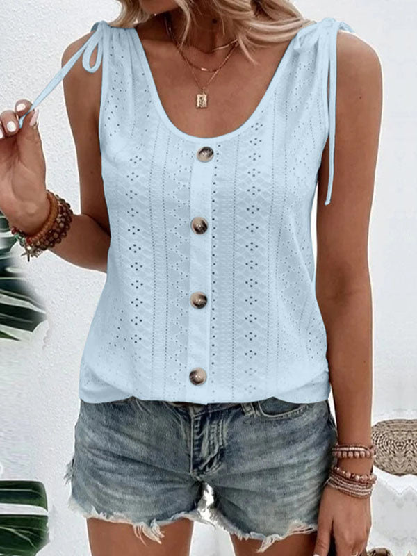 Buttoned Hollow Pleated Split-Joint Tied Loose Plus Size U-neck Vest Top