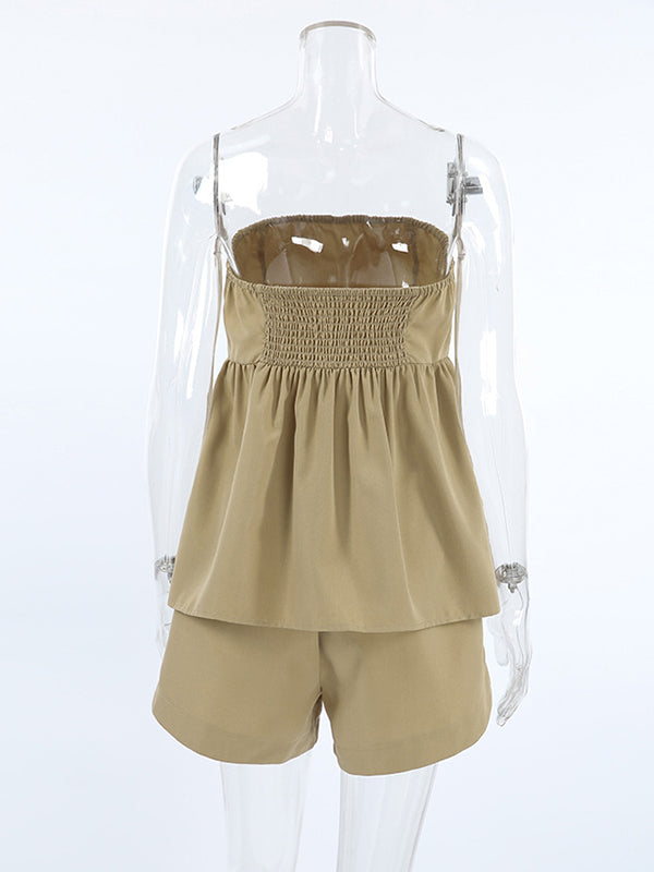 Split-Joint Tube Loose Elasticity Solid Color Vest Top + High Waisted Shorts Bottom Two Pieces Set
