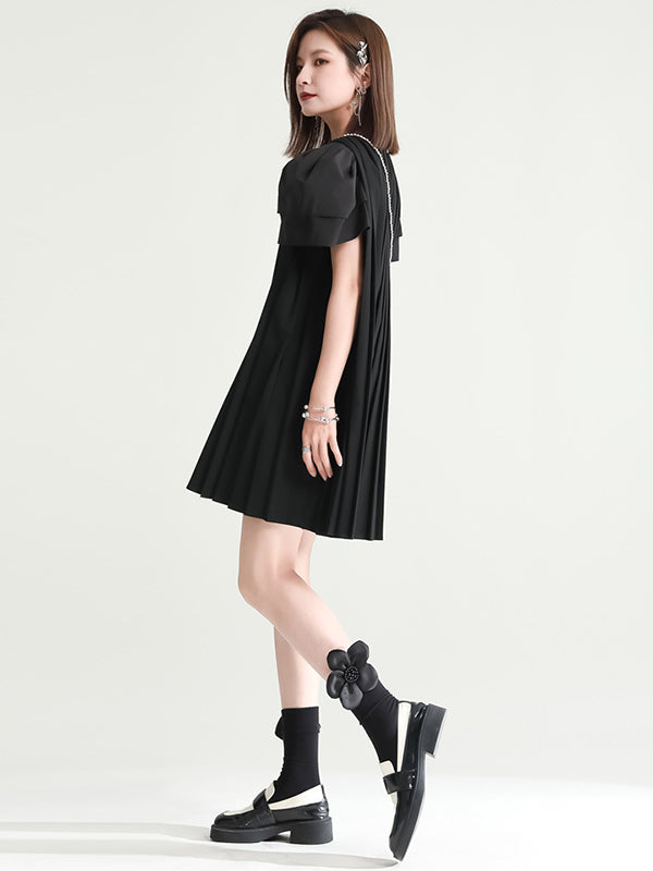 Urban Puff Sleeves Split-Joint Black Pleated Mini Dress