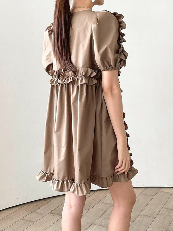 Ruffle Trim Split-Joint A-Line Loose V-Neck Mini Dresses