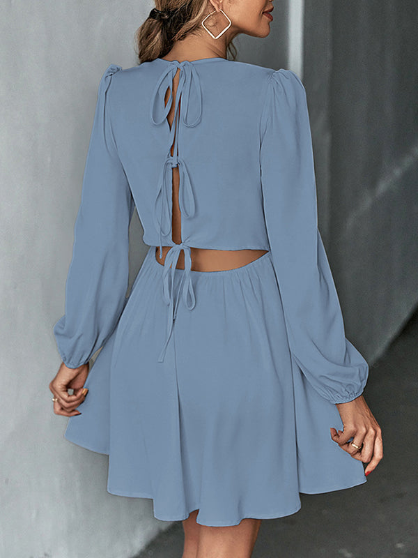 Backless Elasticity Hollow Pleated Solid Color Tied A-Line Bishop Sleeve Round-Neck Mini Dresses