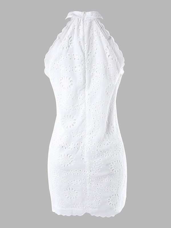 Hollow Solid Color Split-Joint Zipper Loose Sleeveless Stand Collar Mini Dresses