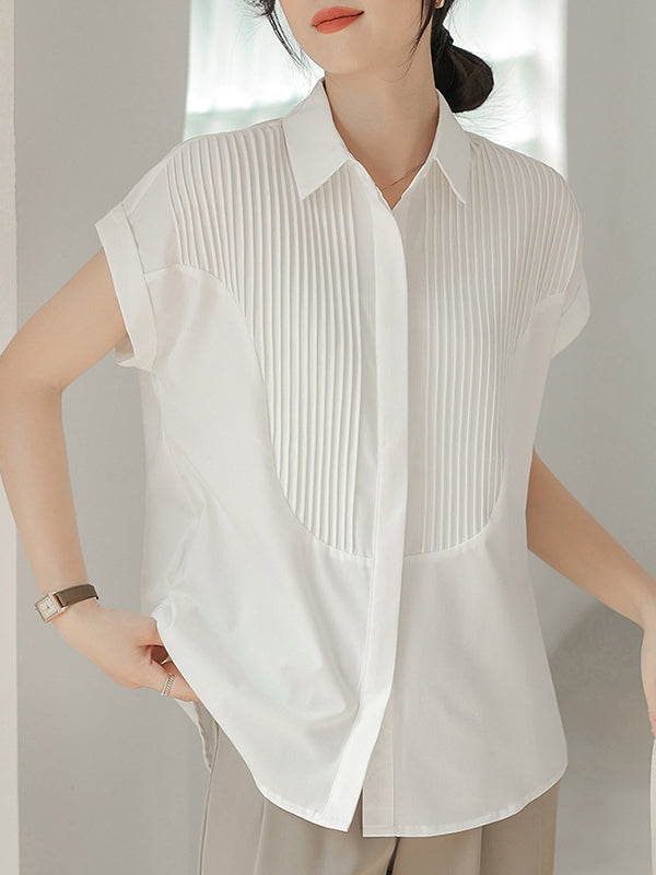 Buttoned Pleated Solid Color Split-Joint Loose Short Sleeves Lapel Blouses&Shirts Tops