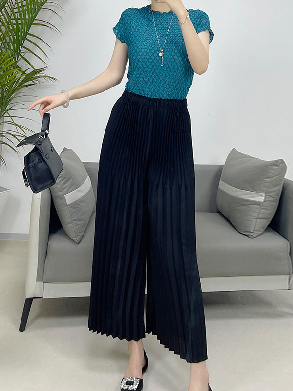 Elasticity Pleated Solid Color Split-Joint High Waisted Loose Trousers Pants