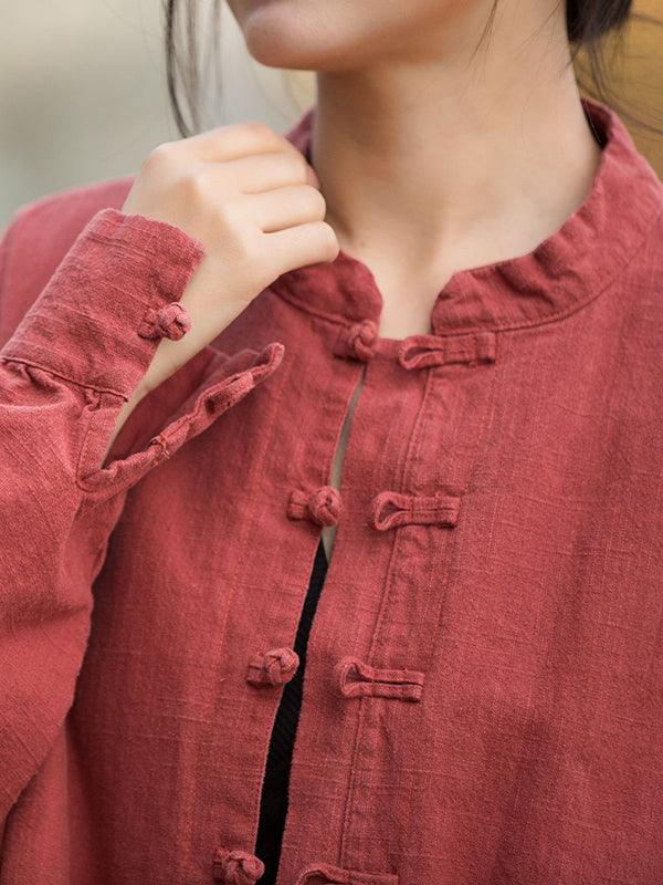 Chinese Frog Buttons Pleated Solid Color Split-Joint Batwing Sleeves Loose Stand Collar Blouses