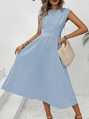 Elasticity Pleated Solid Color Split-Joint Tied Waist Loose Raglan Sleeve Round-neck Midi Dresses