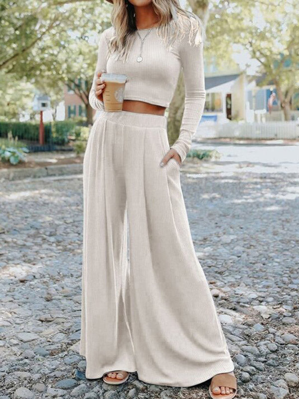 Pleated Pockets Solid Color High Waisted Loose Trousers Pants