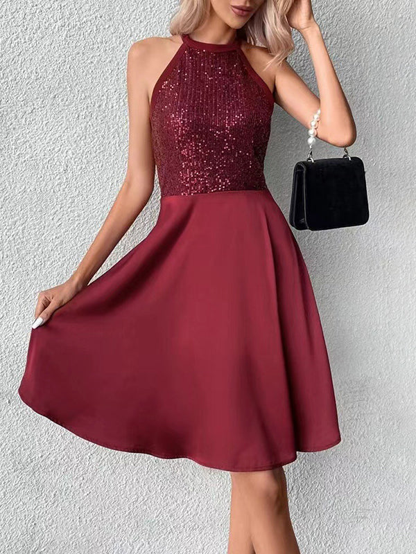 Sequined Solid Color Split-Joint Zipper Sleeveless Round-neck Mini Dresses