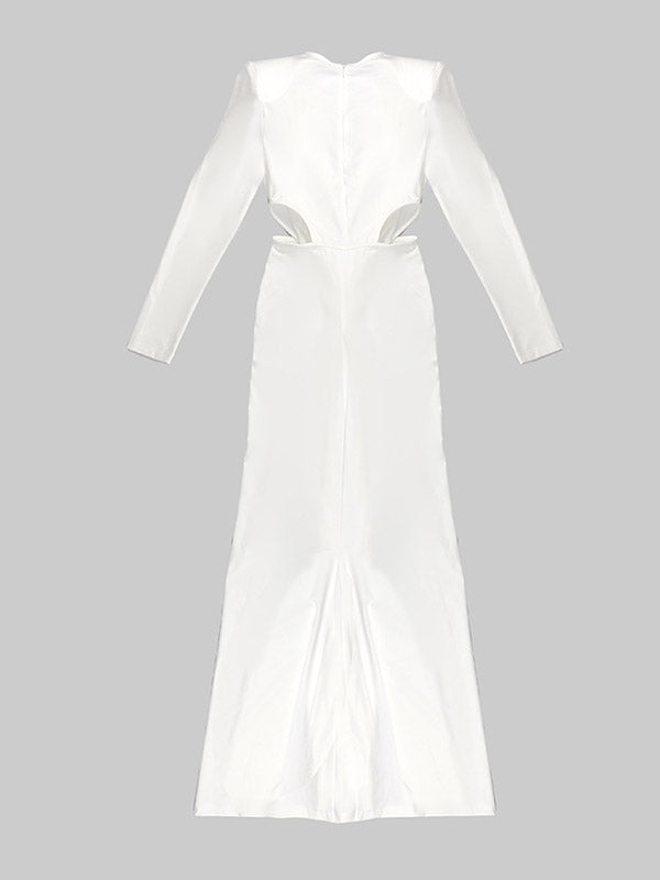 Asymmetric Hollow Pleated Rhine Stones Shoulder Pad Split-Side Long Sleeves Skinny V-Neck Maxi Dresses
