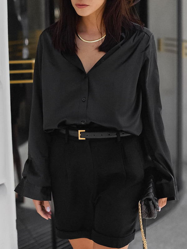 Solid Color Split-Joint Long Sleeves Loose Lapel Blouses