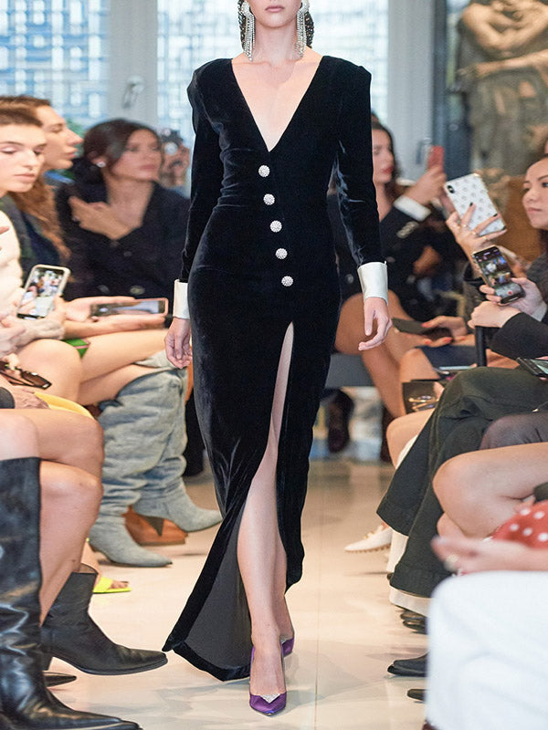 Asymmetric Buttoned Shoulder Pad Split-Front Long Sleeves Skinny Deep V-Neck Maxi Dresses