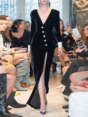 Asymmetric Buttoned Shoulder Pad Split-Front Long Sleeves Skinny Deep V-Neck Maxi Dresses