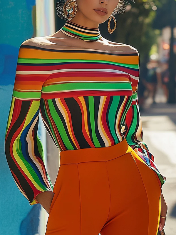 Contrast Color Striped Long Sleeves Loose Halter-Neck T-Shirts Tops