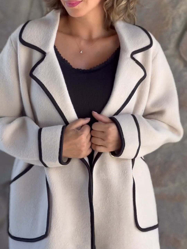 Buttoned Pockets Split-Joint Long Sleeves Loose Notched Collar Woolen Coat