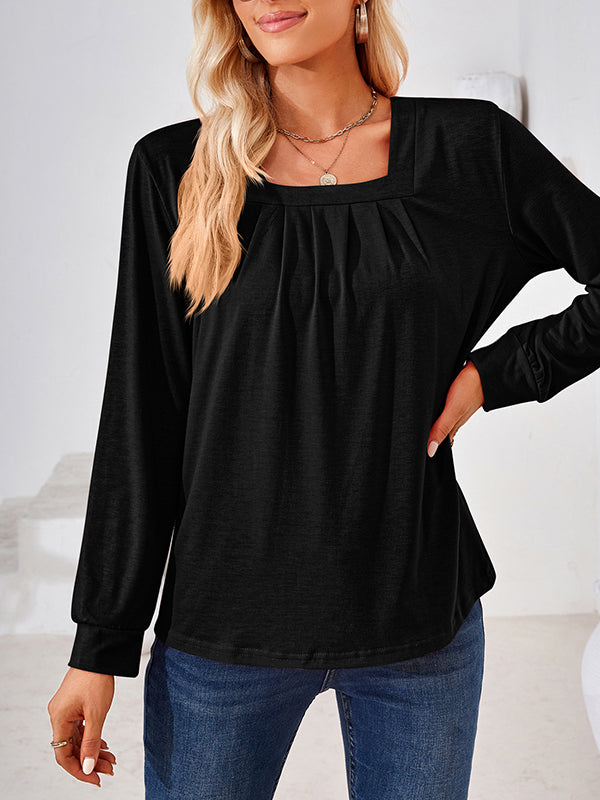 Pleated Solid Color Long Sleeves Loose Square-Neck T-Shirts Tops