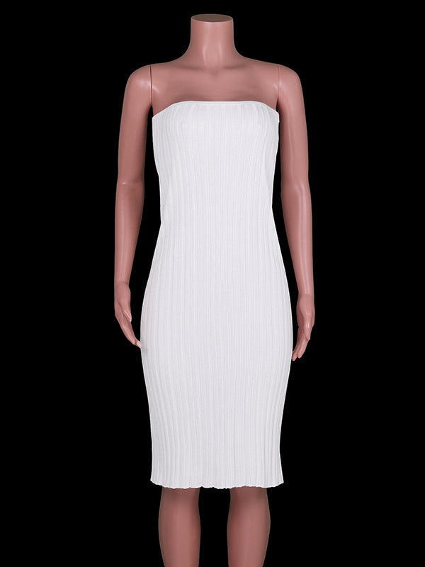 Elasticity Pleated See-Through Solid Color Bodycon Skinny Tube Skirts Midi Dresses